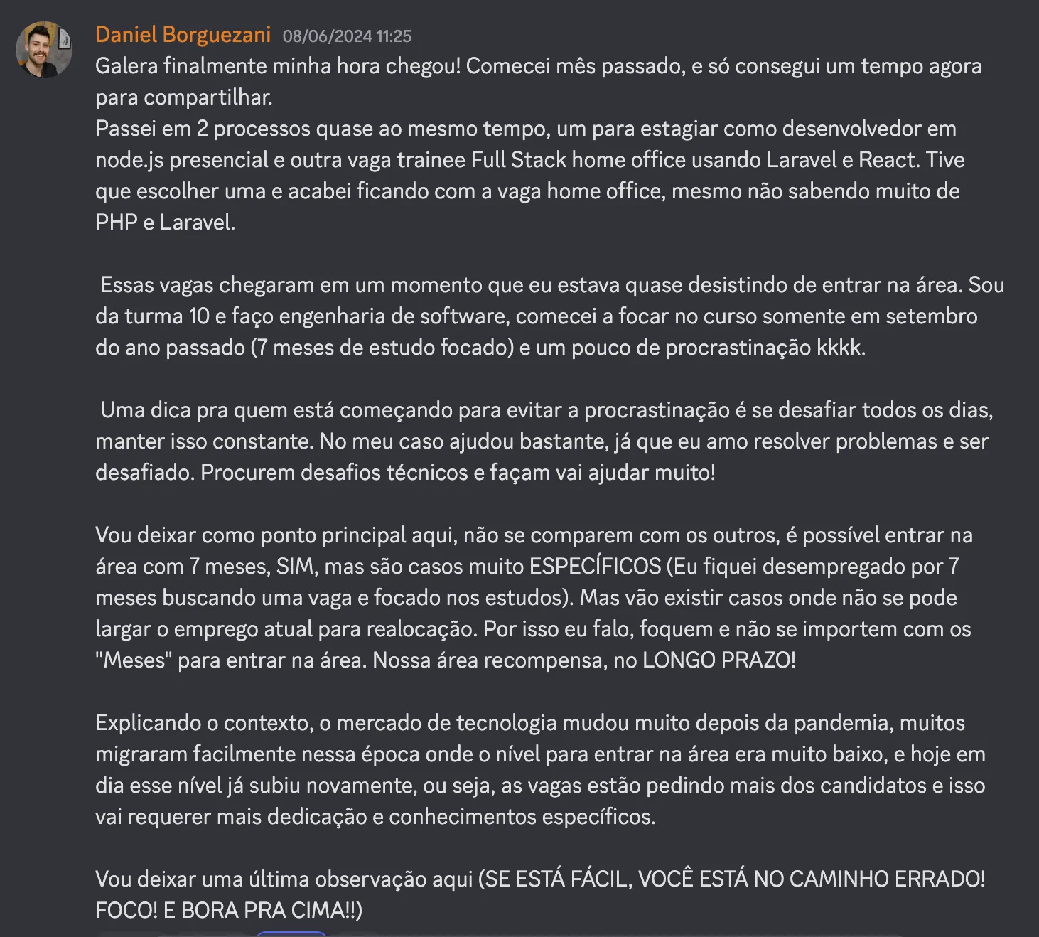 Mensagem de aluno celebrando primeira vaga conquistada