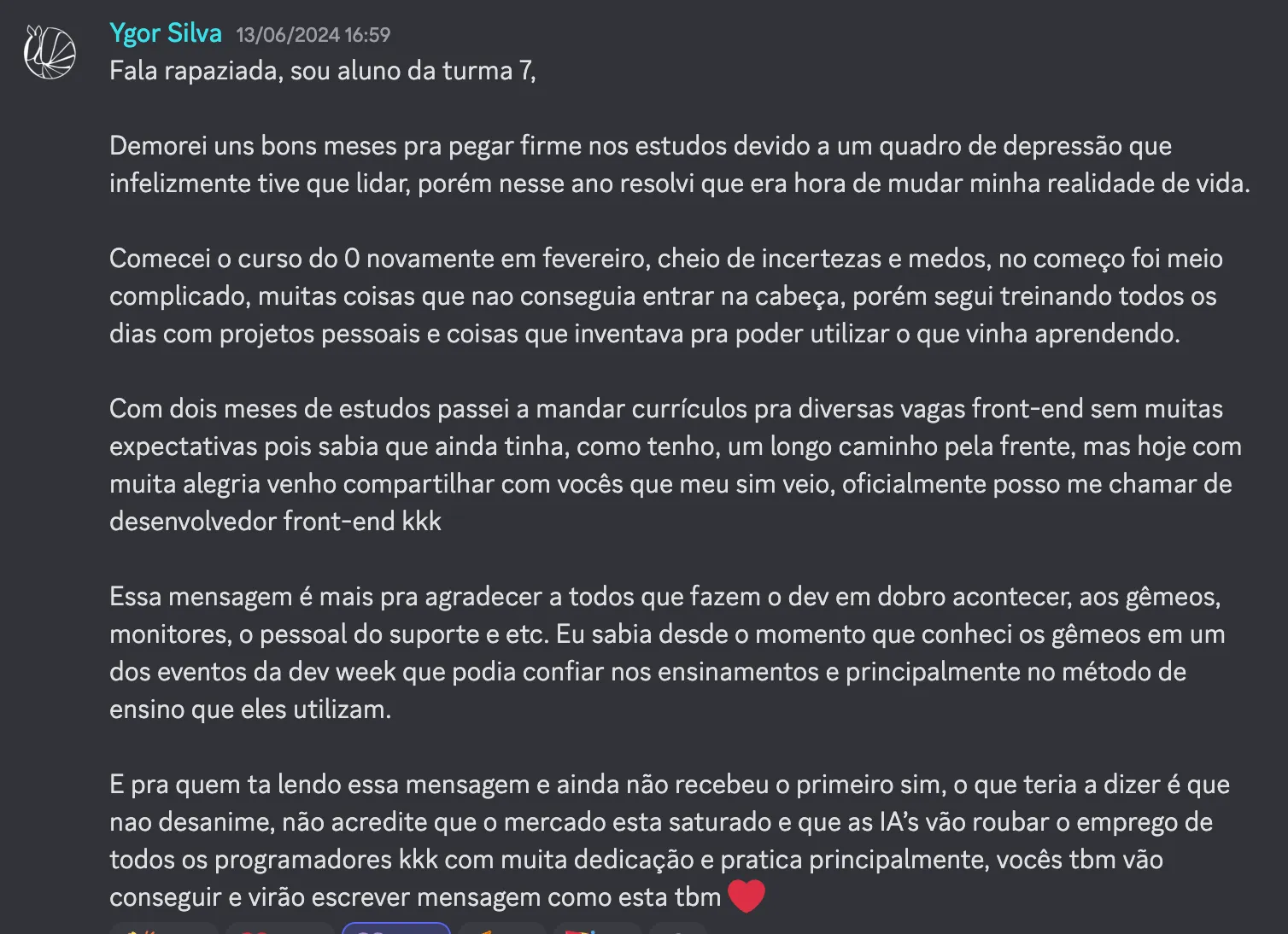 Mensagem de aluno celebrando primeira vaga conquistada