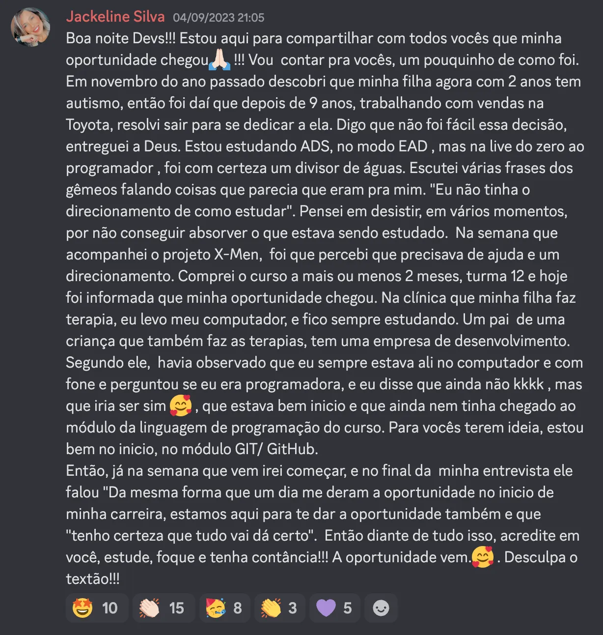 Mensagem de aluno celebrando primeira vaga conquistada